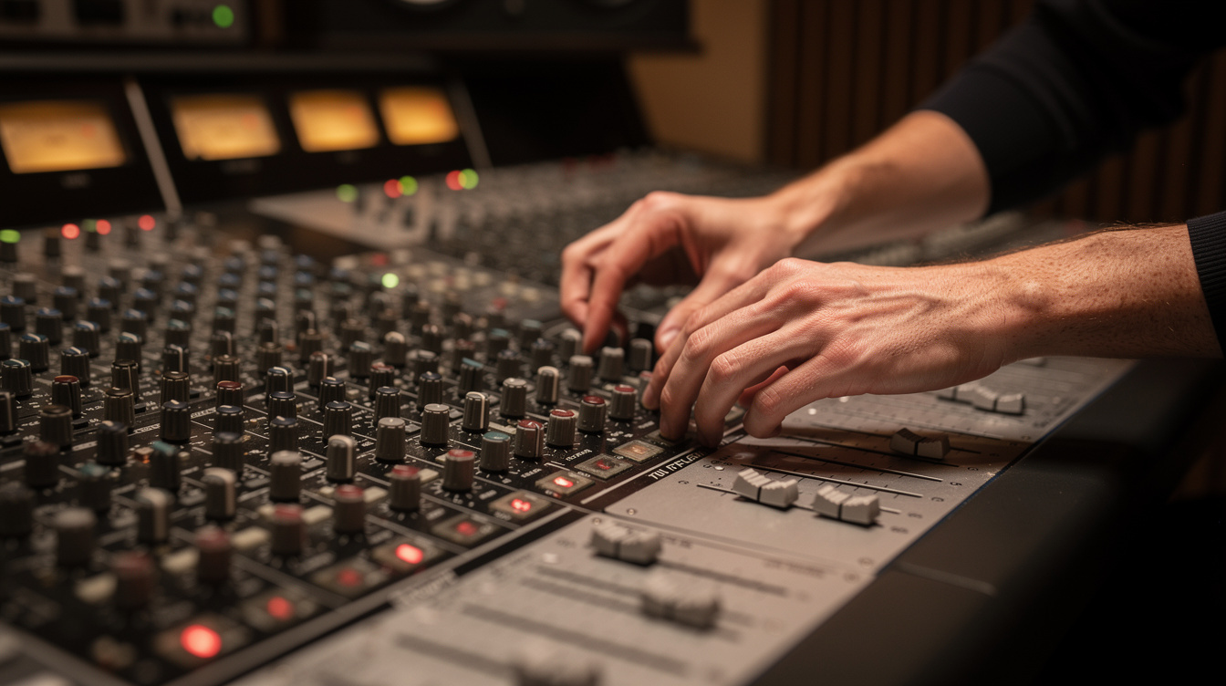 Audio mixing console with sliders and knobs