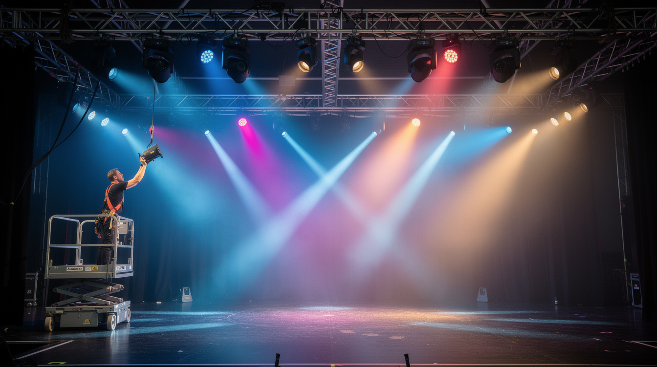 Stage lighting rig with colorful spotlights