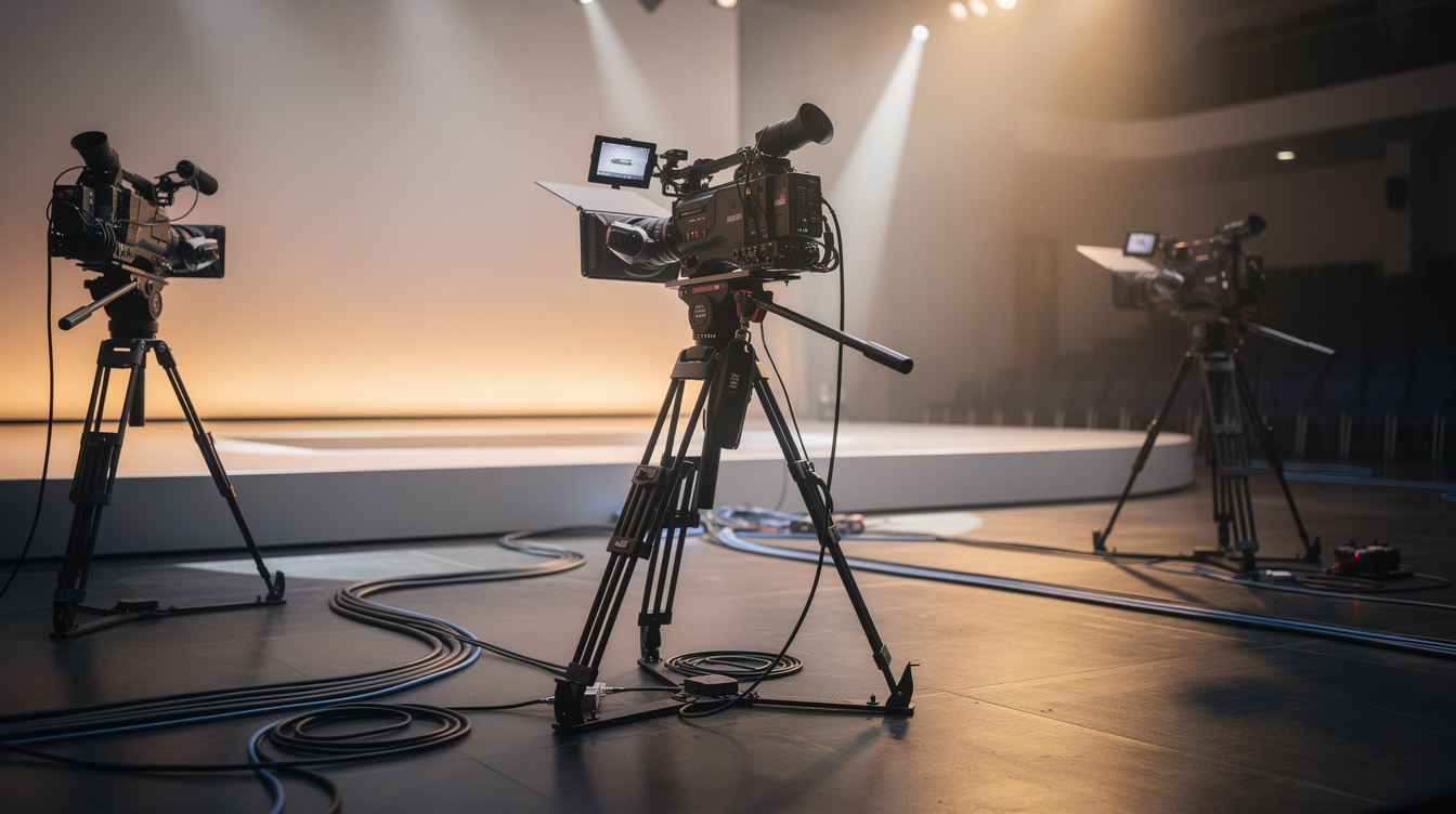 Multiple broadcast cameras set up at a live event