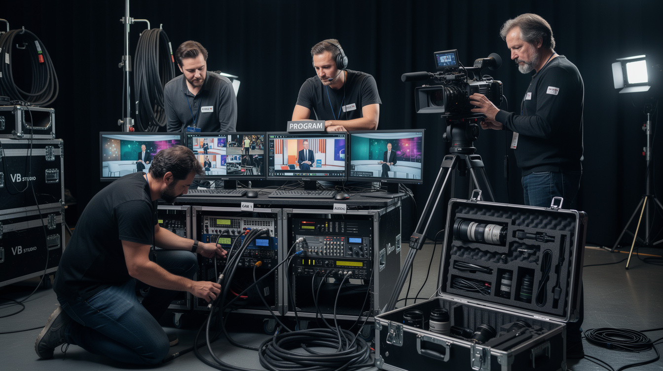 Media crew working backstage before a live broadcast