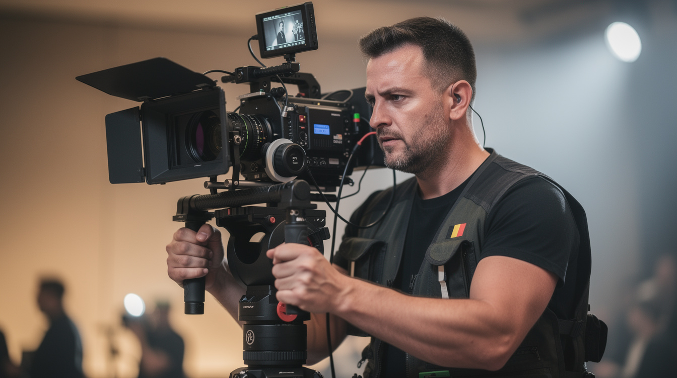 Camera operator adjusting a professional video camera on a gimbal