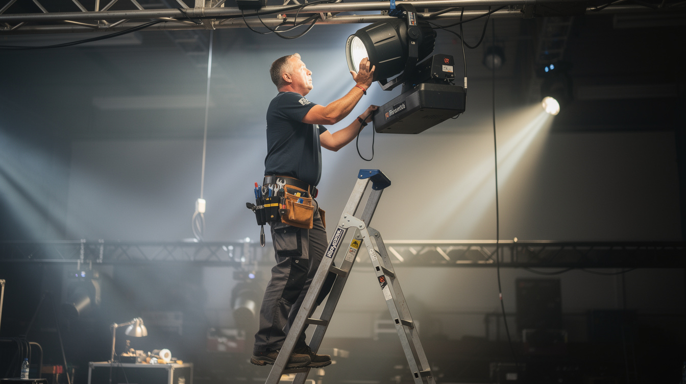 Lighting technician standing on a ladder adjusting a stage spotlight