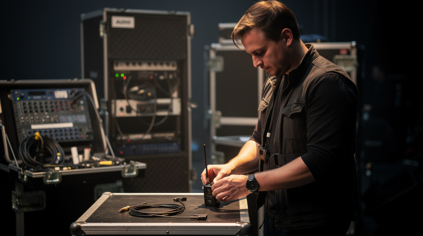 Audio technician setting up a wireless microphone transmitter