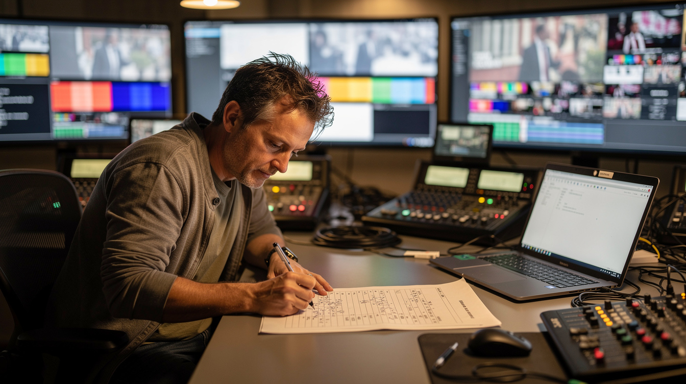 Production coordinator writing on a run sheet at a desk with monitors