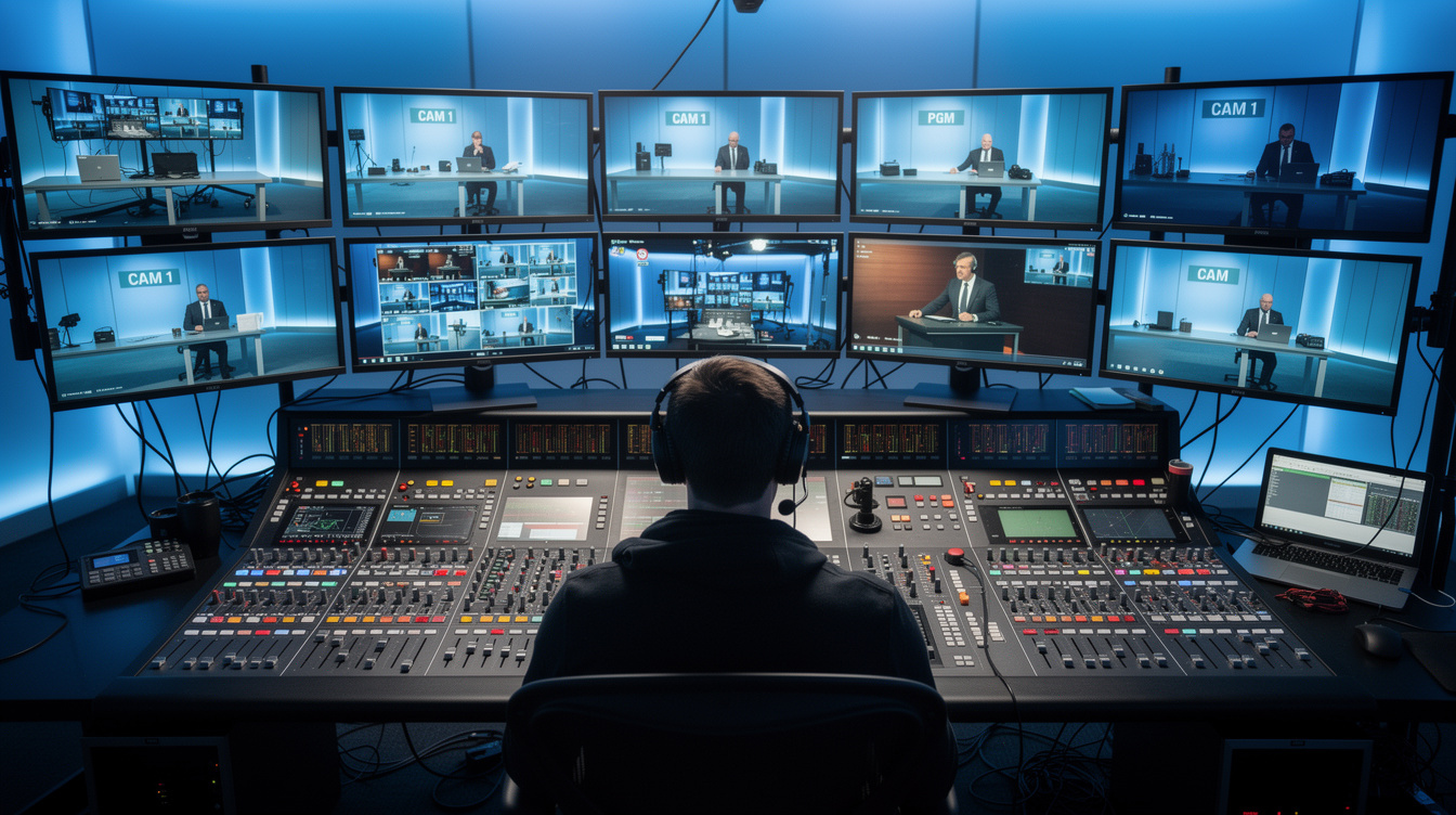Video switcher and monitors in a production control room